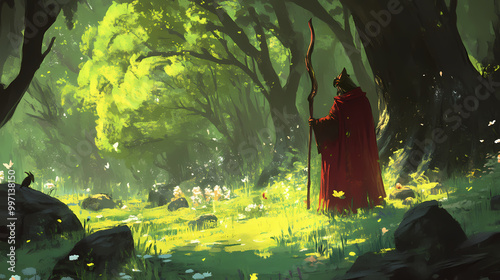 A druid tending a sacred grove, cultivating the ecosystem's delicate balance. Druid Grove. Illustration photo