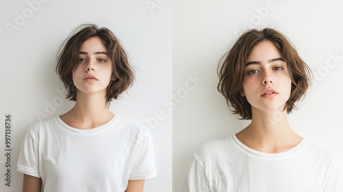 Dual views of a young woman in a plain white t-shirt, positioned against a stark white backdrop.