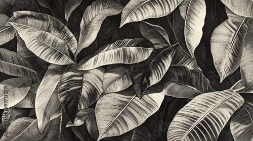 A collection of finely engraved tropical leaves with delicate cross-hatch detailing, creating a rich, textured effect in monochrome tones.