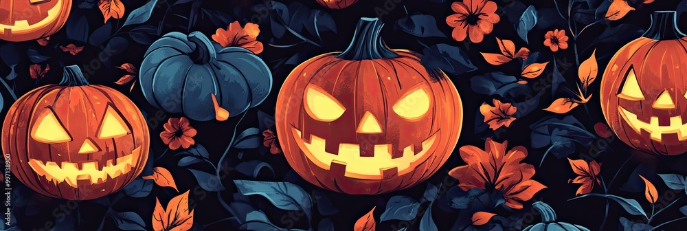 Closeup Orange Jack O Lanterns and Black Gray Autumn Leaves Background for Halloween Closeup Orange Jack O Lanterns and Black Gray Autumn Leaves Background for Halloween