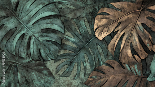 A detailed engraving of tropical monstera and palm leaves, finely etched with cross-hatching, creating a layered, textured background in shades of green and brown.