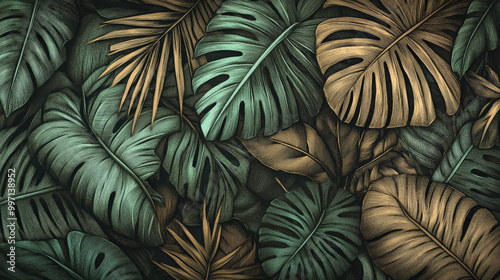A detailed engraving of tropical monstera and palm leaves, finely etched with cross-hatching, creating a layered, textured background in shades of green and brown.