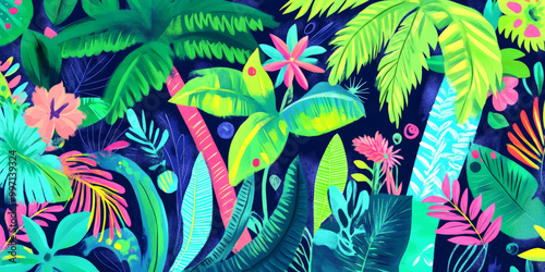 A vibrant hand-drawn tropical paradise with stylized palm trees, birds of paradise, and swirling patterns in bright green, blue, and pink hues.