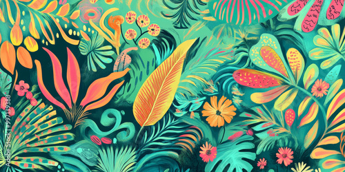 A vibrant hand-drawn tropical scene with exotic plants, birds of paradise, and swirling patterns in shades of lime green, turquoise, and coral pink.