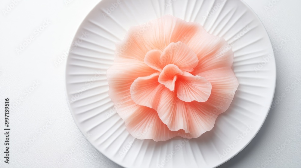 A beautifully crafted pink dessert in the shape of a flower is presented on a textured white plate, ideal for enhancing a special occasion or event A beautifully crafted pink dessert in the shape of a flower is presented on a textured white plate, ideal for enhancing a special occasion or event