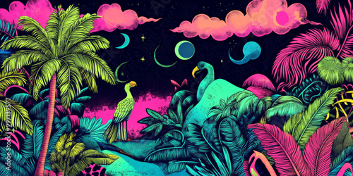 A colorful hand-drawn tropical background with palm trees, swirling clouds, and exotic birds in neon pink, green, and blue hues, outlined in bold black strokes.