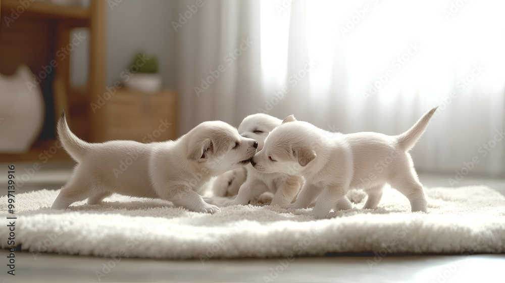 Fototapeta premium A group of fluffy puppies playing on a soft rug in a bright, modern living room, cozy atmosphere, soft natural light