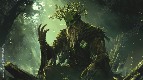 A gentle and nurturing druid, attuned to the natural world and capable of commanding its forces. - generative ai. Druid Grove. Illustration