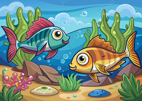 two funny fishes vector cartoon illustration, isolated under sea background, rock and reef