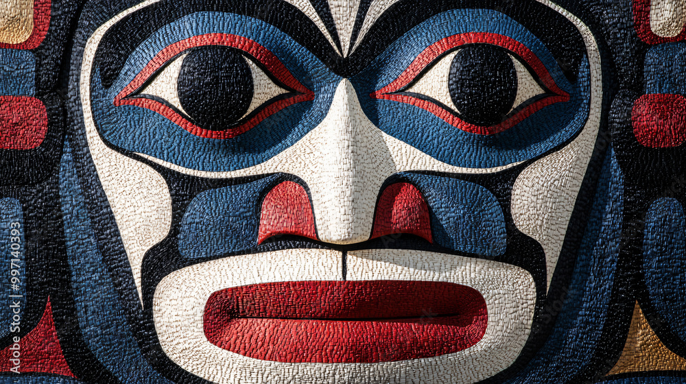 Traditional Inuit Haida Eskimo folk art of a stylized face mask in textured black, white and red and blue. Traditional Inuit Haida Eskimo folk art of a stylized face mask in textured black, white and red and blue.