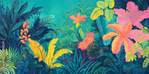A vibrant hand-drawn tropical scene with exotic plants, birds of paradise, and swirling patterns in shades of lime green, turquoise, and coral pink.