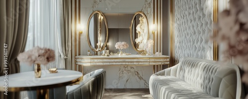 An opulent bridal suite with a marble-topped vanity, gold trim mirrors, and velvet seating The luxurious space is designed for elegance and comfort on a special day
