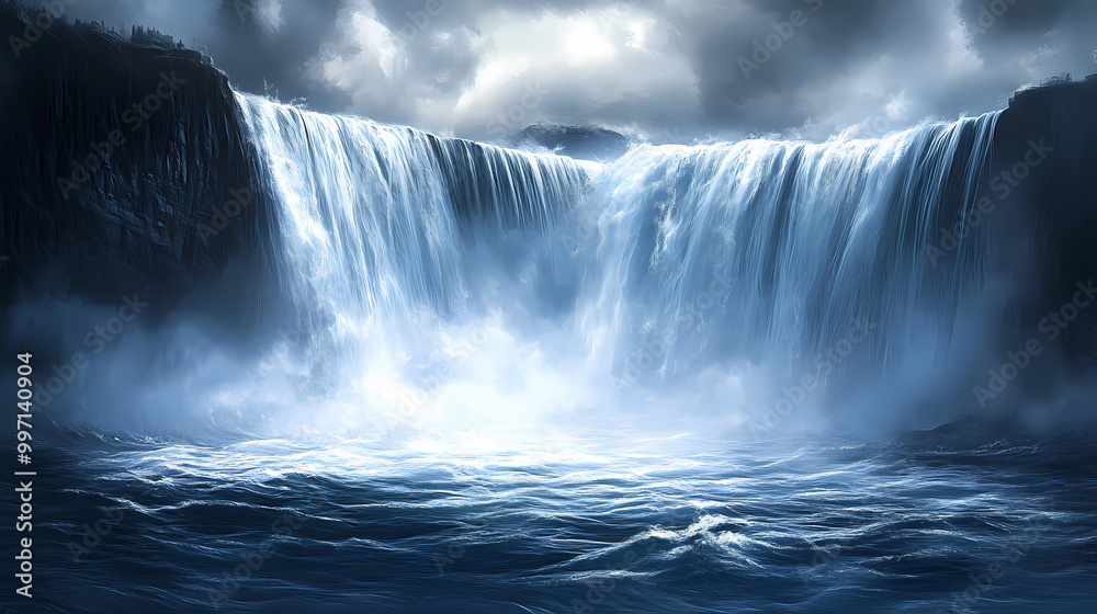 A large waterfall cascading into a body of water, creating a powerful display of natures force and beauty. Thundering Waterfall. Illustration A large waterfall cascading into a body of water, creating a powerful display of natures force and beauty. Thundering Waterfall. Illustration