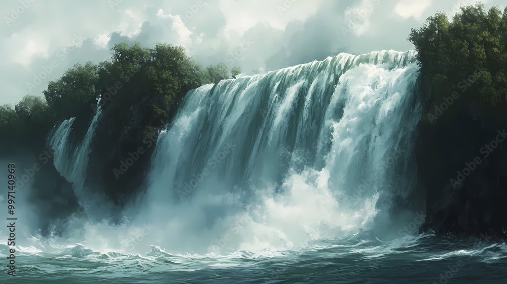 Fototapeta premium A large waterfall cascading into a body of water, creating a powerful display of natures force and beauty. Thundering Waterfall. Illustration
