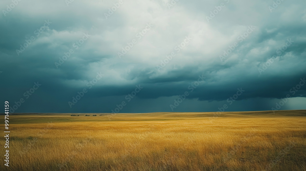 Distant rainfall sweeps across the prairies beneath foreboding storm clouds.
Distant rainfall sweeps across the prairies beneath foreboding storm clouds.