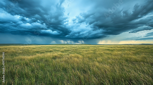 Distant rainfall sweeps across the prairies beneath foreboding storm clouds. 