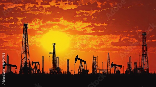 Oil and gas exploration and production. Silhouette of oil pumps and drilling rigs at sunset. Crude oil, industry, petroleum fuel production. photo