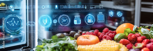 Smart fridge integrated biohacking sensors analyzing diet and nutrition futuristic healthcare interface providing realtime health and fitness insights
