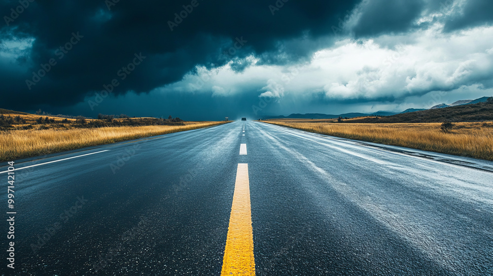 A straight highway stretches through a natural landscape, dark rain clouds looming overhead, signaling an impending rainstorm.
A straight highway stretches through a natural landscape, dark rain clouds looming overhead, signaling an impending rainstorm.