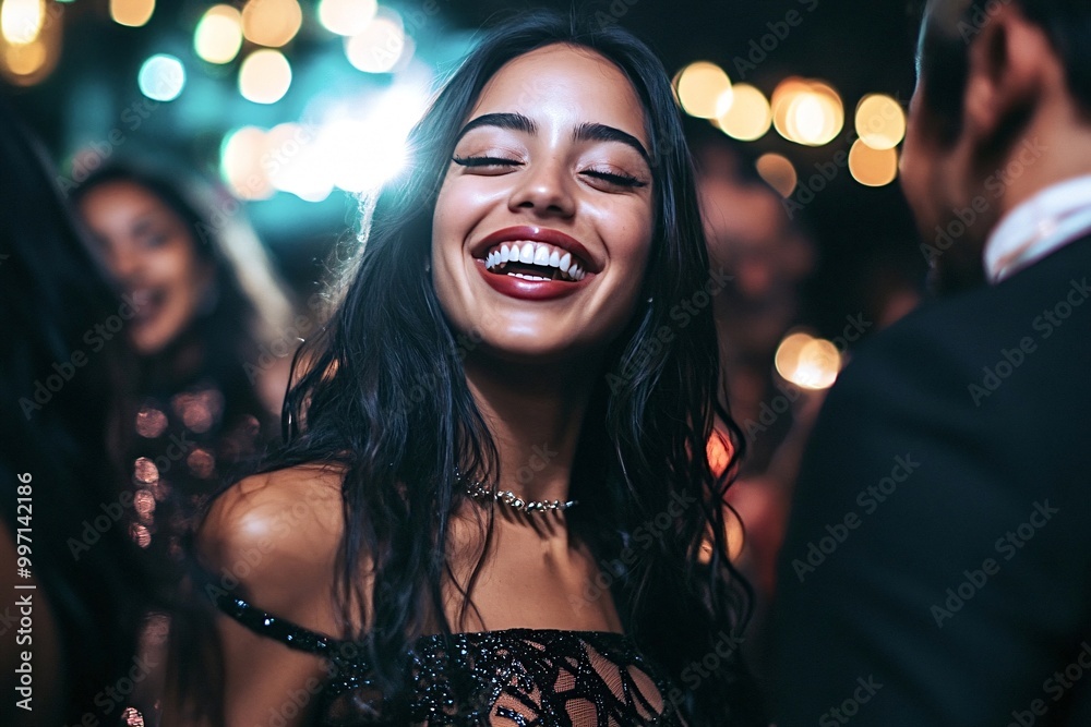 Joyful woman with long dark hair dances with friends at a lively party, exuding happiness and excitement in a vibrant club setting Joyful woman with long dark hair dances with friends at a lively party, exuding happiness and excitement in a vibrant club setting