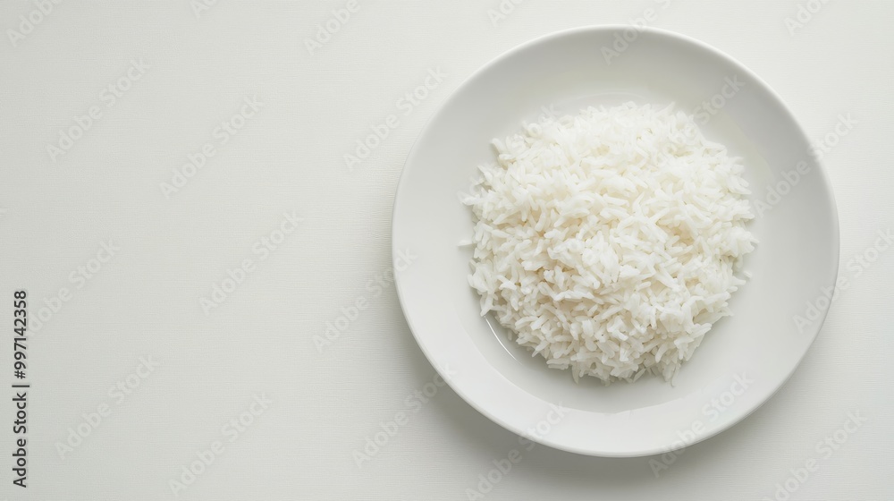 The serving showcases fluffy white rice artistically placed on a plain white plate, emphasizing simplicity and culinary elegance The serving showcases fluffy white rice artistically placed on a plain white plate, emphasizing simplicity and culinary elegance