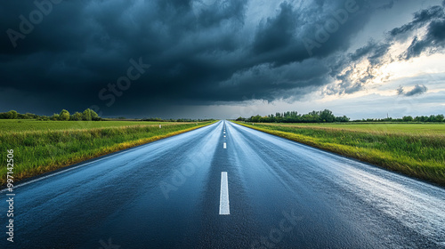 A straight highway stretches through a natural landscape, dark rain clouds looming overhead, signaling an impending rainstorm.