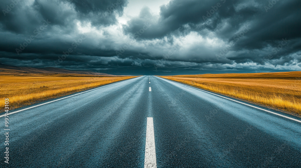 A straight highway stretches through a natural landscape, dark rain clouds looming overhead, signaling an impending rainstorm.

