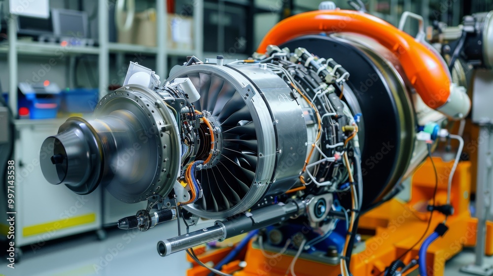 AI-powered robot performing vibration analysis on an aircraft engine AI-powered robot performing vibration analysis on an aircraft engine