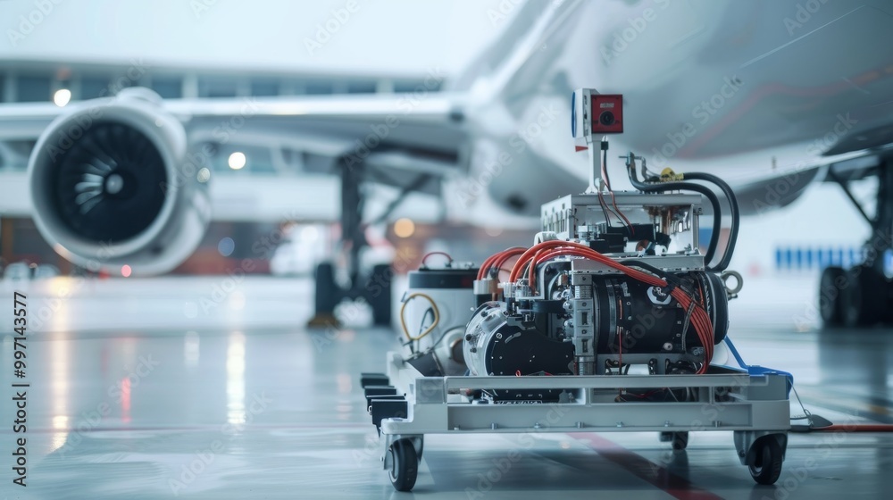 AI-powered robot performing vibration analysis on an aircraft engine AI-powered robot performing vibration analysis on an aircraft engine