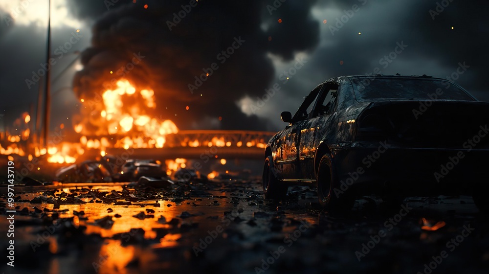 Apocalyptic cityscape with burning sky and abandoned cars Apocalyptic cityscape with burning sky and abandoned cars