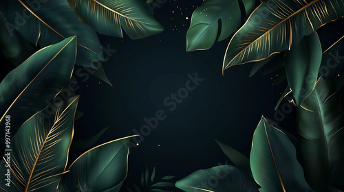 Fototapeta Naklejka Na Ścianę i Meble -  Vector illustration of a tropical dark green leaf background design, enhanced with elegant gold line accents for a sophisticated touch.
