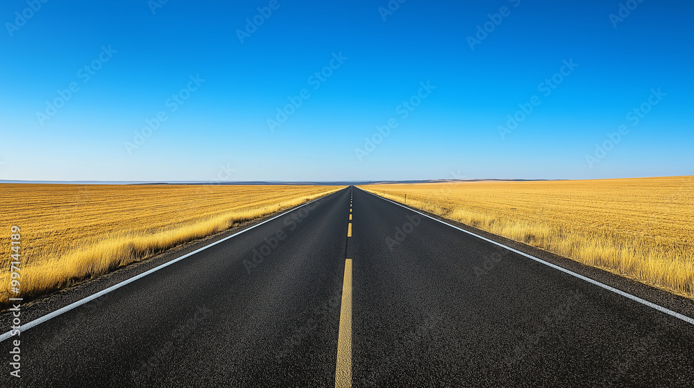 A wide-angle shot of an empty road disappearing into the horizon under a clear blue sky. The road is flanked by golden fields, and the expansive sky offers generous copyspace. The lighting is natural A wide-angle shot of an empty road disappearing into the horizon under a clear blue sky. The road is flanked by golden fields, and the expansive sky offers generous copyspace. The lighting is natural