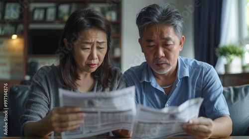 Wallpaper Mural Asian couple looking anxious and sad, holding bills and discussing financial issues at home Torontodigital.ca