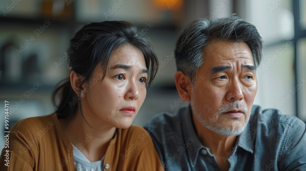 Asian couple looking anxious and sad, holding bills and discussing financial issues at home Asian couple looking anxious and sad, holding bills and discussing financial issues at home