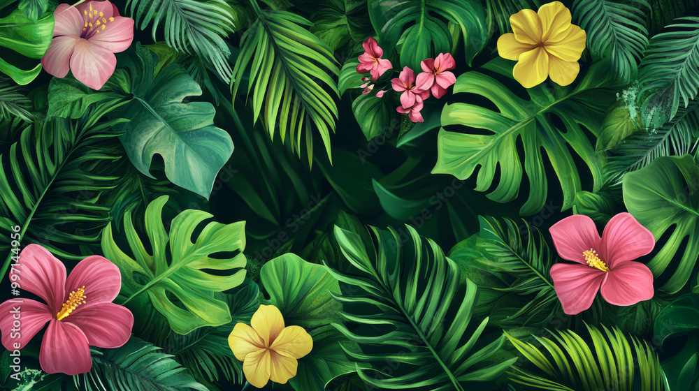 Vector background featuring thickets of tropical plants, showcasing a vibrant tapestry of greenery, leaves, and flowers. This exotic foliage creates a lush garden backdrop, ideal for a poster that cap Vector background featuring thickets of tropical plants, showcasing a vibrant tapestry of greenery, leaves, and flowers. This exotic foliage creates a lush garden backdrop, ideal for a poster that cap
