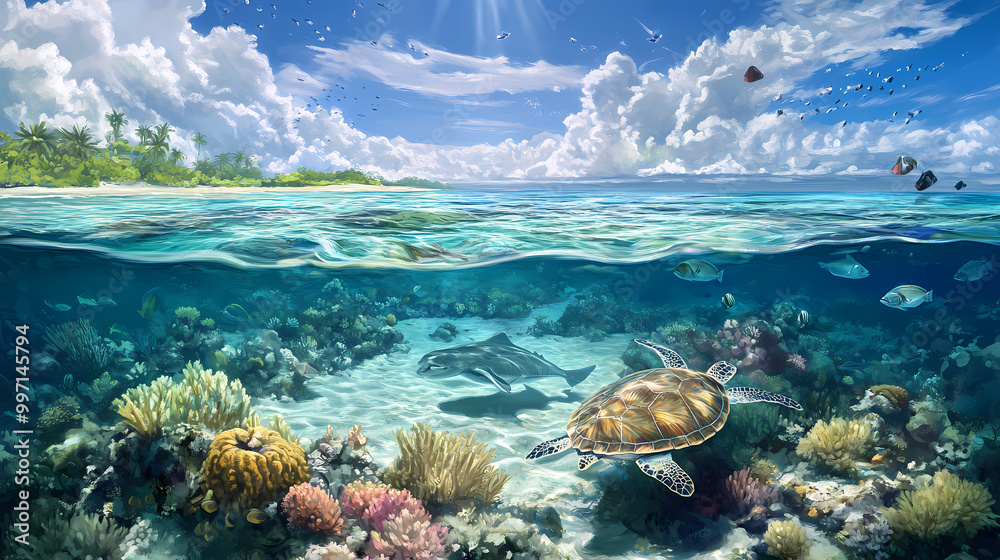 Fototapeta premium An ecosystem of coral atolls surrounded by crystal-clear waters, teeming with marine life, including stingrays, turtles, and schools of colorful fish.