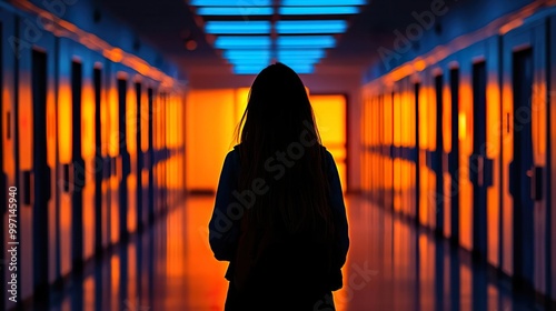 Silhouette of a woman walking down a brightly lit hallway.