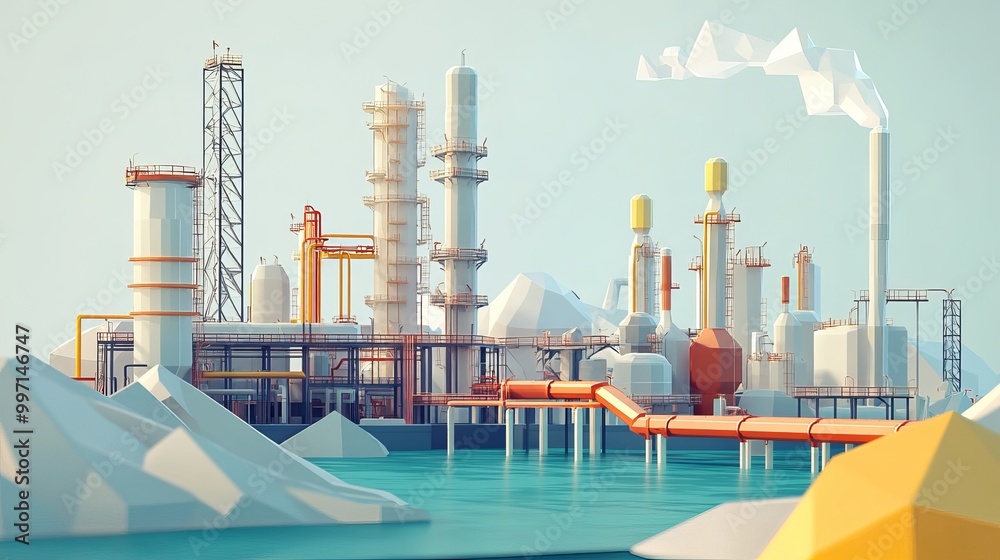 Oil production banner showing low poly style oil refinery with pipelines, earth and minerals. Oil production banner showing low poly style oil refinery with pipelines, earth and minerals.
