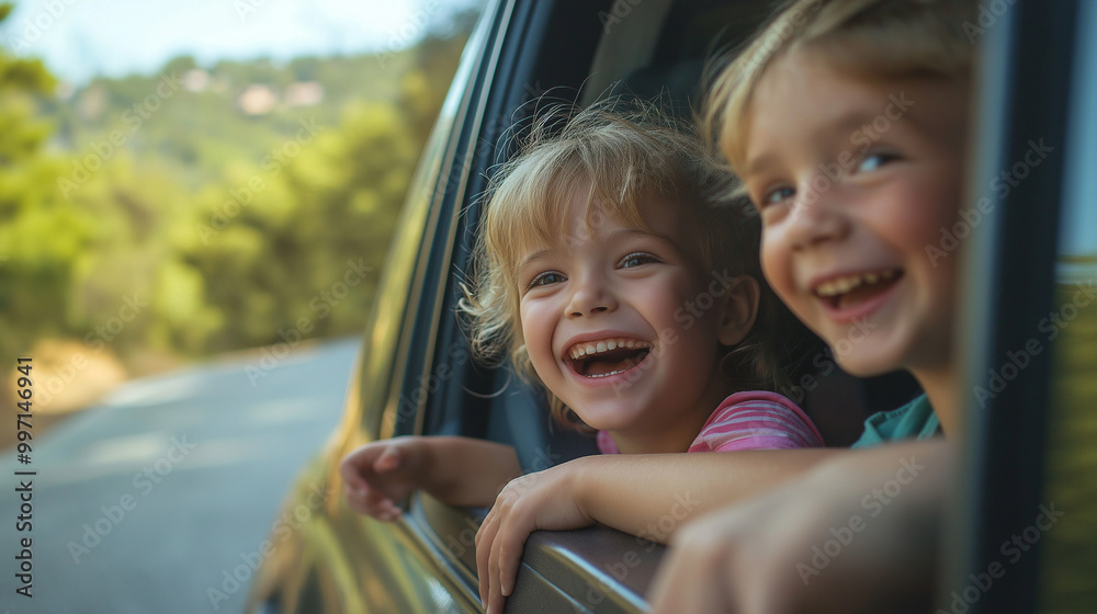 Two joyful kids smiling and looking out the car window during a fun road trip, enjoying the journey with excitement and laughter. Two joyful kids smiling and looking out the car window during a fun road trip, enjoying the journey with excitement and laughter.