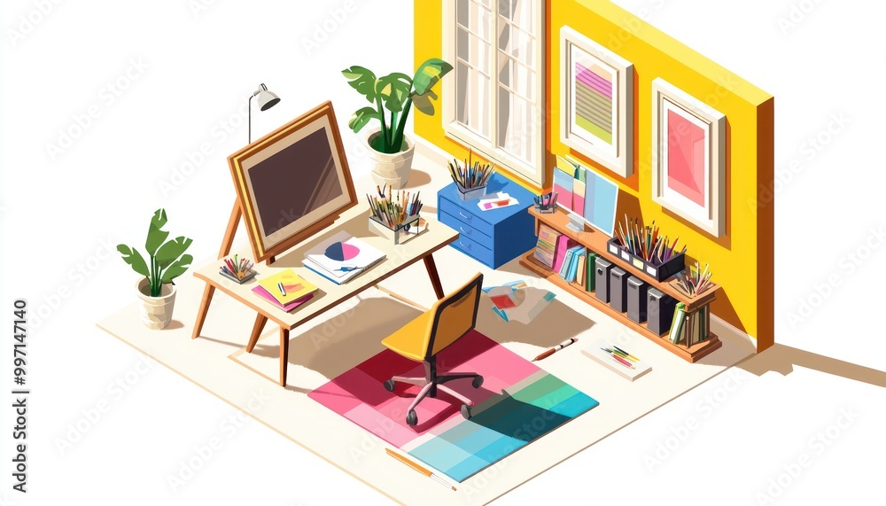 Isometric aerial view of a creative study room with an art desk, drafting chair, and vibrant supplies, floor plan included, isolated on white. Isometric aerial view of a creative study room with an art desk, drafting chair, and vibrant supplies, floor plan included, isolated on white.