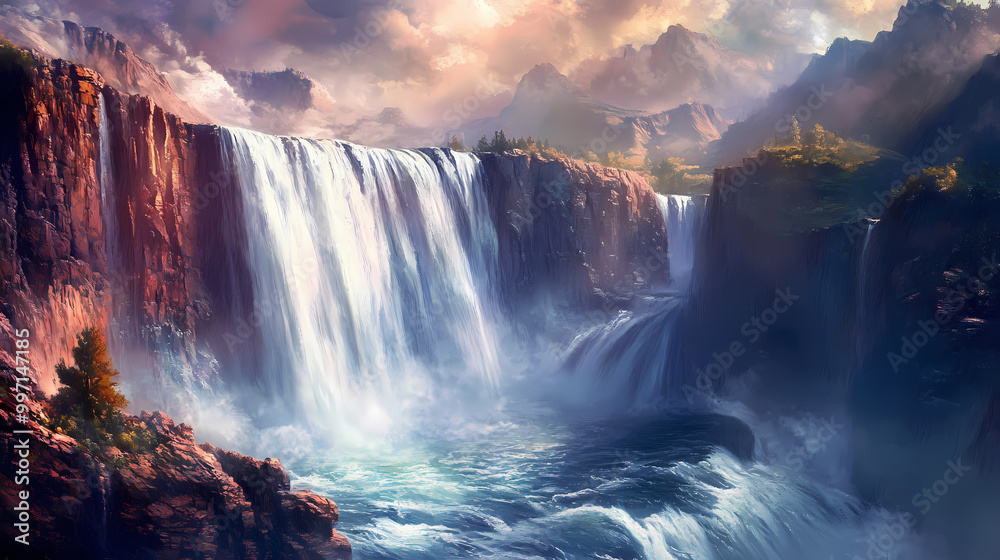 Fototapeta premium A thundering waterfall tumbles through a radiant canyon, flanked by sheer cliffs that plunge into the depths and. Thundering Waterfall. Illustration