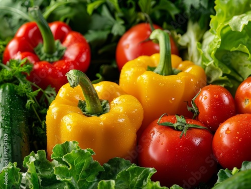 A vibrant vegetable background featuring fresh, colorful vegetables like carrots, bell peppers, and spinach, highlighting their natural beauty photo