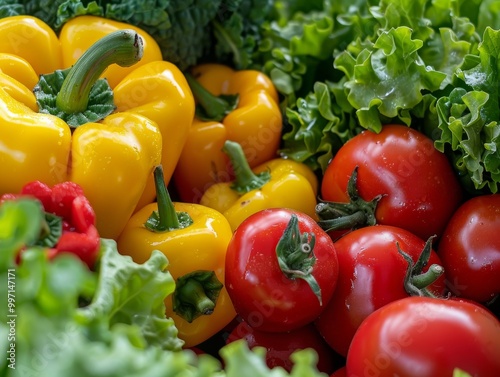 A vibrant vegetable background featuring fresh, colorful vegetables like carrots, bell peppers, and spinach, highlighting their natural beauty photo