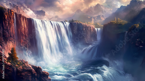 A thundering waterfall tumbles through a radiant canyon, flanked by sheer cliffs that plunge into the depths and. Thundering Waterfall. Illustration photo