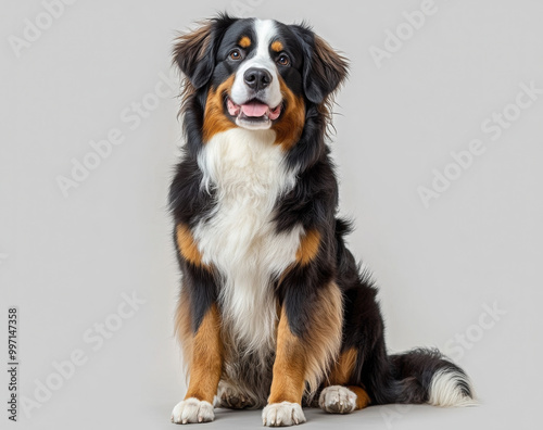 Happy Bernese mountain dog sitting on a grey background and looking at the camera with its tongue out photo