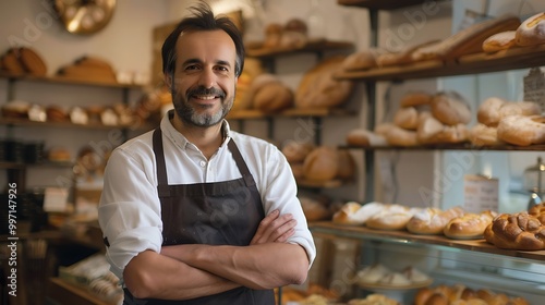 A smiling baker stands proudly in a bakery filled with various types of bread.