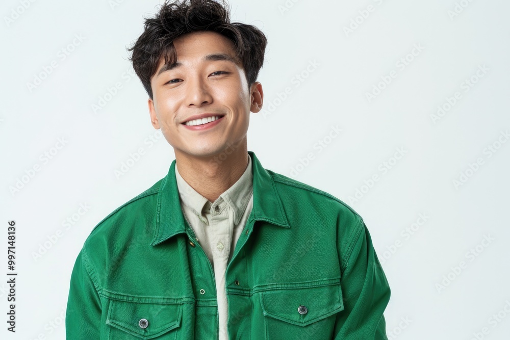 Handsome Asian man in green outfit smiling in studio. Handsome Asian man in green outfit smiling in studio.