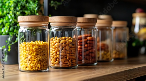 A cozy kitchen with a food cupboard organized with labeled bulk storage containers, illustrating how to keep dry goods fresh and accessible. photo