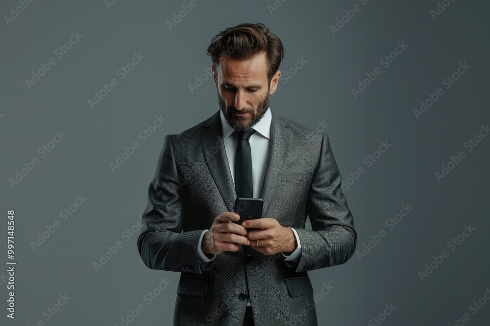 Handsome business man wearing suit standing isolated over gray background using mobile phone Handsome business man wearing suit standing isolated over gray background using mobile phone