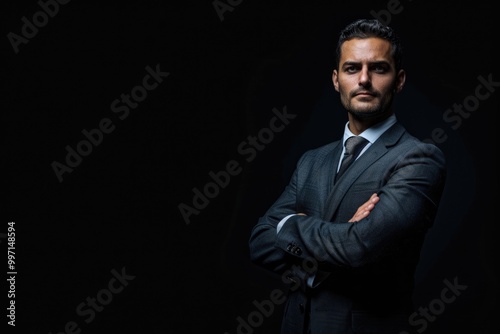 Handsome confident businessman wearing suit standing isolated over black background arms folded